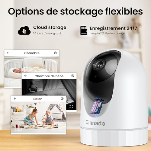 Cinnado 3MP Indoor Camera – 2K WiFi Surveillance Camera for Baby/Cat/Dog/Pets Connected Smartphone, AI Detection Intelligent Tracking 360 Degrees, Continuous Recording with MicroSD Card