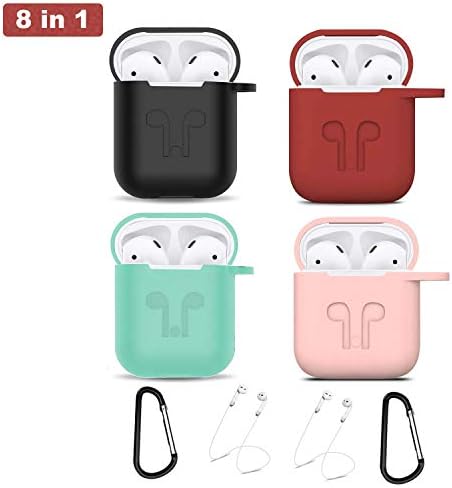 Airpods Case, Airpods Accessories Kits, 8 in 1 Protective Silicone Cover Skin& AirPods Accessories Shockproof Case Cover Portable (Black red Green Pink)