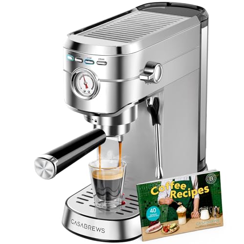 CASABREWS CM5418 Compact Espresso Machine with Milk Frothing Steam Wand | Stainless Steel, 20-Bar Pump, Built-in Pressure Gauge, Powerful Steam Wand for Cappuccino Latte for Home, 34oz Water Tank