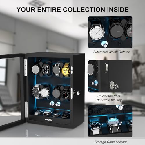 DUKWIN Watch Winder for 4/6/8/12 Automatic Watches, Lockable Automatic Winders with Extra 4/6 Watch Storages, 4 Rotation Modes, Quiet Mabuchi Motor, Sfot Watch Pillows and Blue Backlight