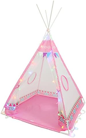 Teepee Indian Play Tent for Kids Toddlers Children's Playhouse with LED Star Lights for Indoor and Outdoor Play (Pink)