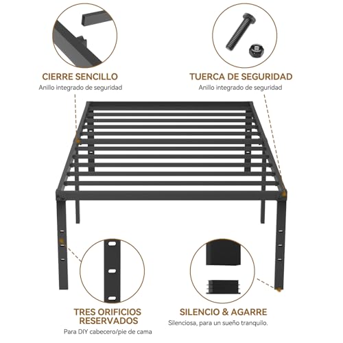 SAOFILY Base Cama Individual, Hierro Metálico, 45 cm de Alto con Espacio de Guardado Debajo para Sus Estructuras, Fácil de Montar y Gran Capacidad de Carga (100x190 CM / 39.37x74.8 Pulgadas)