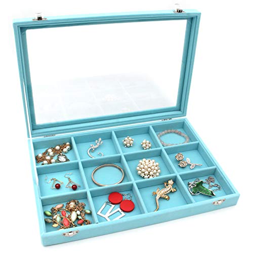 KLOUD City Jewelry Tray Box Showcase Display Storage Rings Earrings Necklaces Bracelet Broochs Organizer Removable Stackable Velvet Clear Lid with Lock (Light Blue 12 Grid)