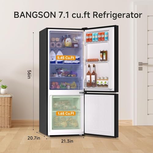 BANGSON 7.1 Cu.Ft Refrigerator with Freezer, Apartment Size Fridge with Bottom Freezer, for Apartment, Office, Kitchen and Garage, Stainless Steel, Silver