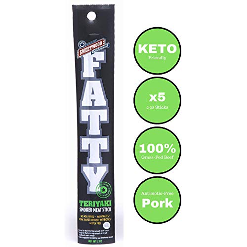 Sweetwood Smokehouse Fatty Meat Stick | Teriyaki Flavor | 5 Pack | 2 oz Sticks | USA Grass Fed Beef, Antibiotic Free Pork | Paleo, Gluten Free, Slow Smoked Meat Snack | No Nitrites or Added MSG