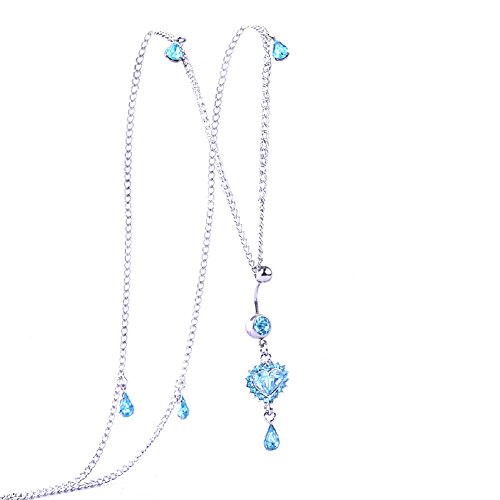 Love Heart Surgical Steel Belly Button Rings with Waist Chain 14G Sky Blue CZ Water Droplets