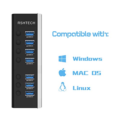 RSHTECH USB 3.0 Hub with 24W Power Supply USB Hub 7 Ports, for Charging and Data Transfer, Multiport USB Hub with Individual Switches and Power Supply