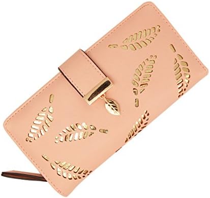 Uopen Womens Ladies Leather Wallet Purse Hollow Leaf Pattern Bifold Zipper Handbag Button Clutch Bag,Gift Boxed
