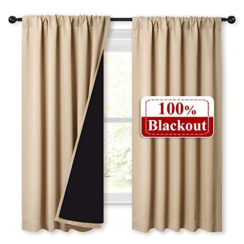 NICETOWN Bedroom Full Blackout Cold Blocking Curtain Panels, Super Thick Insulated Window Covers, Rod Pocket Draperies with Black Liner for Short Window (Biscotti Beige, Set of 2, 52 by 63-inch)Global Recycled StandardGlobal Recycled StandardOEKO-TEX STANDARD 100Global Recycled Standard