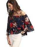 Floerns Women's Casual Floral Off Shoulder Chiffon Blouse Top Navy XL