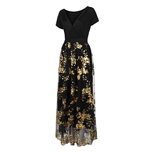 Plus Size Dresses for Women Short Sleeve Deep V Neck Sequined Splice Maxi Long Dress (XXXL, Gold)