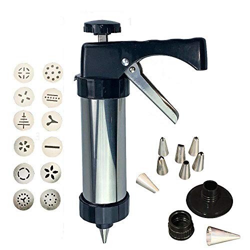 DIY Biscuit Cookie Press Gun Classic Biscuit Maker Stainless Steel Cookie Extrudes with 13 Stainless Steel Cookie Discs and 8 Icing Tips
