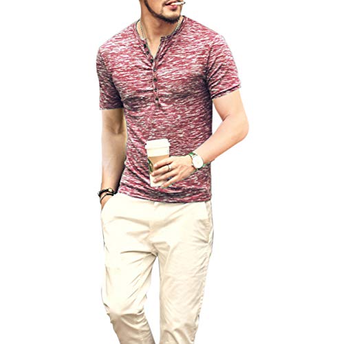Men's Soild Henley Short Sleeve Tops Buttons Front Casual T Shirts Tee,WineRed,S