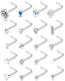 Tornito 20G 20Pcs Nose Ring CZ Nose Stud Retainer L Shaped Screw Bone Labret Nose Piercing Jewelry Set Stainless Steel Silver Rose Gold Tone