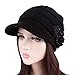 NYKKOLA Women Cable Knit Winter Warm Beanie Hats Newsboy Cap Visor with Sequined Flower - Black