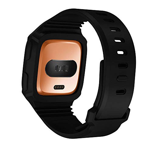 Saying Rugged Protective Case With Silicone Wrist Strap Bands for Fitbit Versa, Easy Installation and Remove (Black)