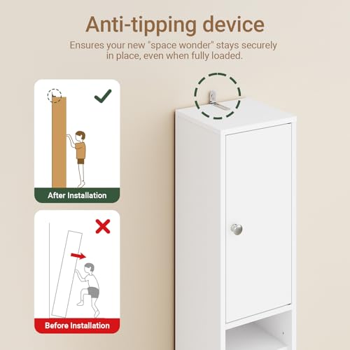 SoBuy Slim Bathroom Storage Cabinet, Narrow Storage Cabinet, Tall Slim Cabinet with Adjustable Shelves, Floor Standing Cupboard for Small Spaces, Bathroom or Laundry Room Organizer, White BZR34-W