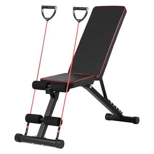 Adjustable Weight Bench, Full Body Workout Strength Training Bench Press Foldable Incline Decline Bench Sit Up Exercise Equipment for Home Gym with Dual Bands