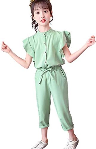 子供服 女の子 半袖 ｔシャツ ロングパンツ 九分丈 2点 上下 セットアップ リボン パフスリーブ フリル ジュニア 可愛い カジュアル シンプル おしゃれ 普段着 通学 旅行 春夏 3色 1 160