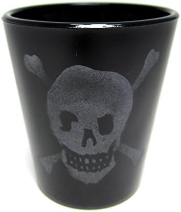 IncisoArt Hand Etched Shot Glass Sandblasted (Sand Carved) Handmade USA Engraved Skull and Crossbones (1, Round Black 1.5 Ounce)