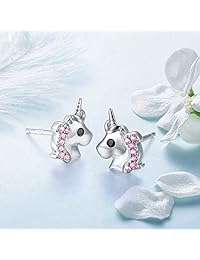 Yearace - Pendientes de plata de ley 925 hipoalergénicos con diseño de unicornio de circonita cúbica