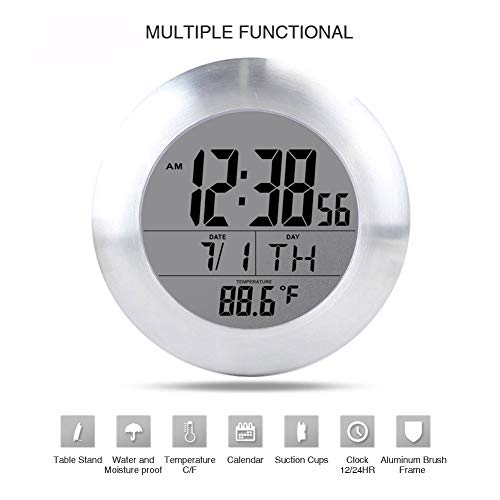 OCEST Digital Bathroom Shower Kitchen Wall Clock, Waterproof for Water Spray, Temperature Humidity Calendar 6.8 Inches Large Display Desk Clock with Suction Cup Hanging Hole Shelf Stand - White - Thumbnail 3