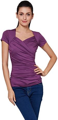 Dressray Women's V Neck Ruched Short Sleeve Blouse Purple-Large