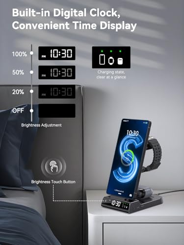 Wireless Charger for Samsung Charging Station with Clock for Samsung Galaxy S25 Ultra/S24 Ultra/Z Flip 7/Fold 6/Bud, 3 in 1 Android Charging Station, Watch Charger for Samsung Galaxy Watch 8/7/6/5Pro