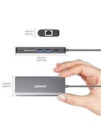 Lenovo USB C Hub, Aluminum Type C Adapter HDMI Port, Gigabit Ethernet Port, USBC Power Delivery, 2 USB 3.0 Ports, SD Card Reader USB C Devices, gris