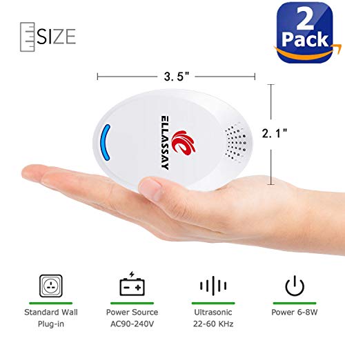 ELLASSAY Electronic Ultrasonic Pest Repeller Plug in,2 Pack Indoor Ultrasound Repeller Against Rats, Mouse, Spider, Ants, Bed Bugs, Fleas, Cockroaches, Flies, Moths, Mosquito Easy to Use