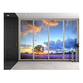 Wall26 - Lone Tree on a Field of Purple Flowers as The Sun Rises Viewed from Sliding Door - Creative Wall Mural, Peel and Stick Wallpaper, Home Decor - 66x96 inches