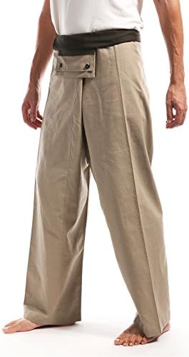 Thai Fisherman Pants Long for Men and Women, Ash with Olive waist band, handmade