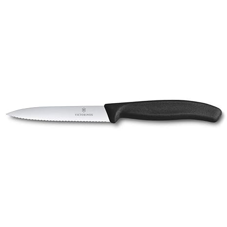 Victorinox Kitchen Knife, Stainless Steel Swiss Made Vegetable Cutting and Chopping Knife, Serrated Edge, 10 cm, Black
