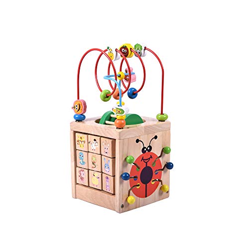 CCGTOY 6 in 1 Wooden Bead Maze Activity Cube Mult-IPurpose Activity Center Box Educational Skill Improvement Wood Toys for Kids