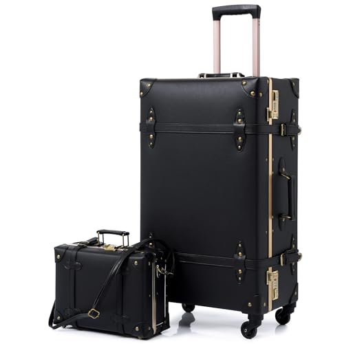 urecity Vintage Travel Suitcase Set with Digital Lock Luxury Cute Retro Cabin Luggage Sets 4 Wheels Suitcase (Black, S(12")+L(26"))