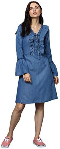 StyleStone (3389JingleBelDrs) Women's Denim Draw String and Bell Sleeve Dress