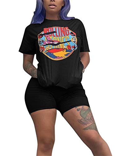 Ptorlio Women 2 Piece Casual Outfit Short Sleeve Cartoon Print T-Shirts Bodycon Shorts Set Jumpsuit Rompers