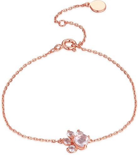 JEWEL RANI Rose Gold Plated Cat Paw Chain Bracelet Sterling Silver Pink Crystal Adjustable Charm Bracelets for Women(Rose Gold)
