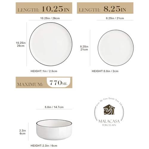 MALACASA LUNA Crockery Set for 6 People, 18-Piece White Porcelain Dinner Service with Black Rim, Modern Dinner Set with 6 Dinner Plates, Dessert Plates and Cereal Bowls