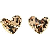 Leopard Print Heart Love Stud Earrings for Women Dainty Vintage Gold-tone Sterling Silver Post Split Joint Hearts Studs Unqiue Fashion Trendy Jewelry for Bff Her
