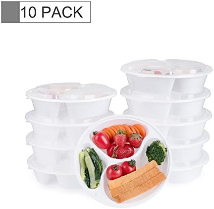 Glotoch 39 Ounce BPA Free Plastic Meal Prep Containers with Lids, 3 Compartment Lunch Box &amp; Round Food Containers, Microwave &amp; Freezer &amp; Dishwasher Safe Containers&amp;Bento Boxes, White, 10 Count