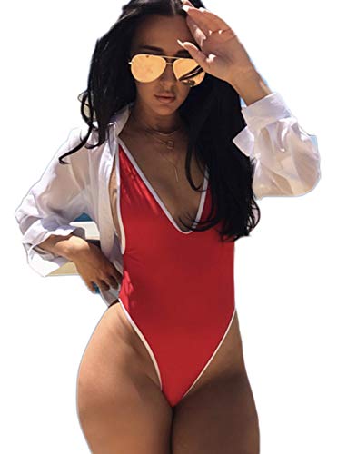 JBENG Women Monokini Retro Thong One Piece Swimsuit Deep V High Cut Sexy Cheeky Swimwear Semi Thong Bikini XL Red