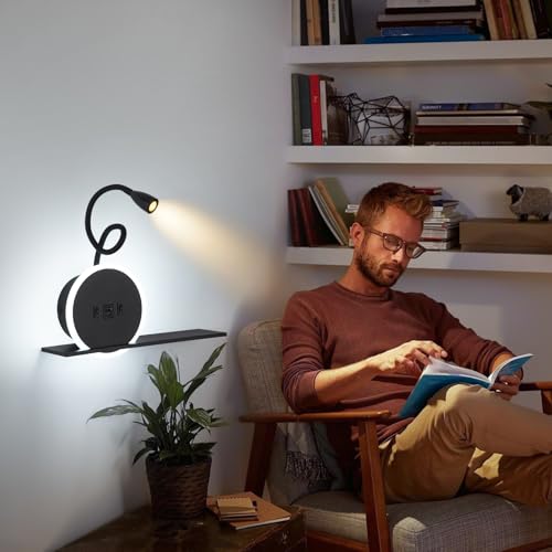 LED Bedside Reading Light, 2-Piece Wall Lamp with Switch, Reading Lamp with USB Charging Port + Type C, 3W 3000K + 9W 6000K Bed Head Lamp, Bedside Lamp for Hotel Room, Black