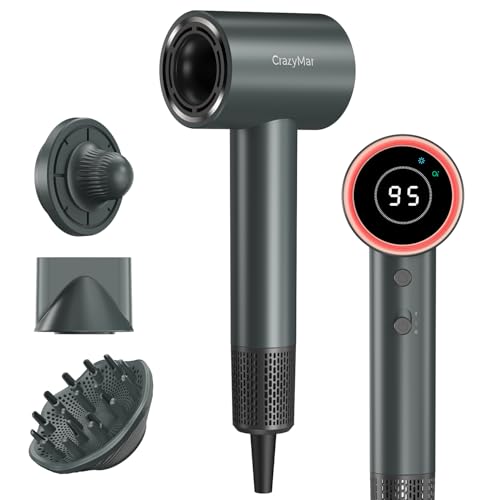Ionic Hair Dryer, 180,000 RPM Professional Hair Dryer – Drying 5X Faster, Light & Compact, 4 Temperature, Overheating Protection and Low Noise (Grey)