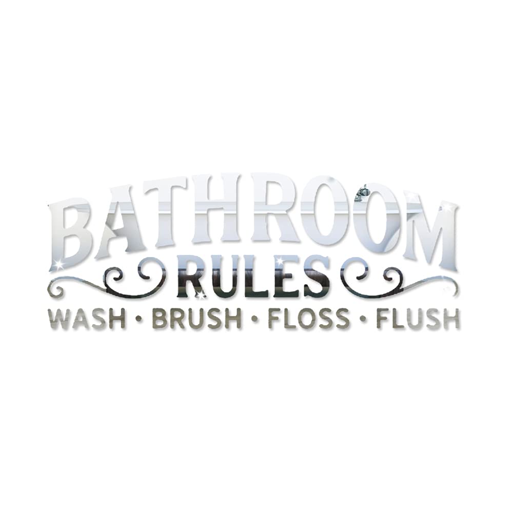 3D Acrylic Mirror Bathroom Wall Sticker, Bathroom Rules Wash Brush Floss Flush Mirror Wall Decals, Removable Lettering Mural Art Decor for Restroom Toilet Washroom (Silver)