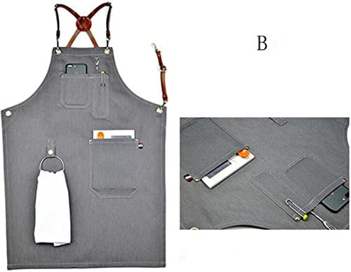 XIAKA Gray Denim Bib Apron w/Leather Strap Barista Baker Bartender BBQ Chef Uniforms (B, L)