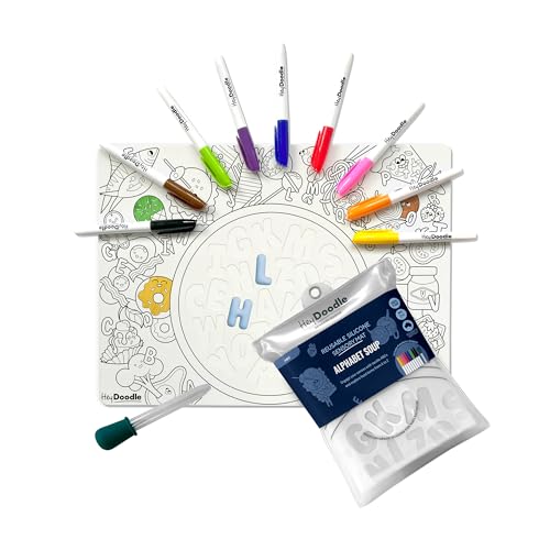 HeyDoodle Alphabet Soup Sensory Mat for Kids – Reusable Silicone Coloring Mat with 9 Markers and Water Dropper – Mess-Free Toddler Activity Pad with Educational Themes – Ages 3-7