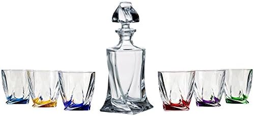 Bohemia Crystal, 28 Oz. Crystal Decanter & Six 11 Oz. Classic Whisky Scotch Glasses with Multi Colored Base, Wedding Gift Carafe & Whiskey Tumblers, 1+6-Piece Set