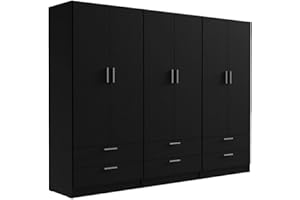 Madesa 6 Doors 6 Drawers Storage Cabinet Wardrobe with Shelves and Hanging Space 94" L Wooden Armoire Closet Organization Unit for Bedroom and Office (Black)