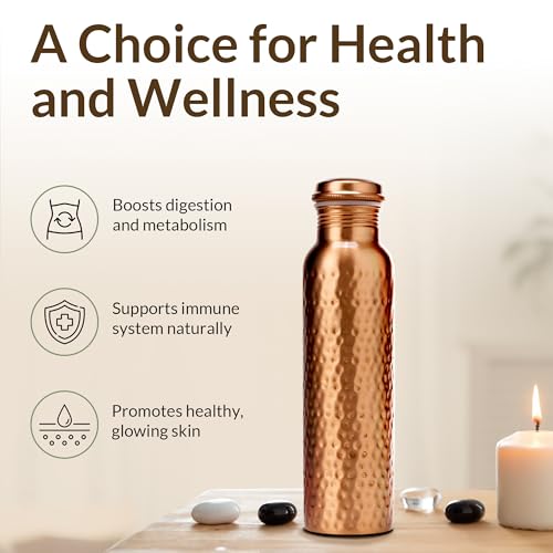 CLEO HOME 100% Pure Copper Water Bottle for Drinking, 34 Oz Hammered Ayurvedic Copper Bottle for Drinking Water | Leak-Proof & Eco-Friendly | For Yoga, Office, Travel with Canvas Carry Bag & Brush